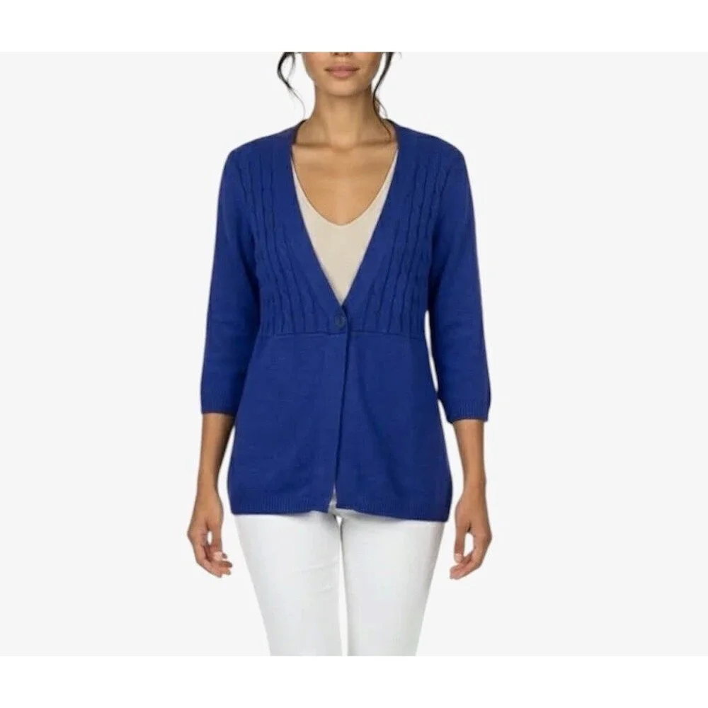 D&Co Women’s Small Cable Knit Sweater Cardigan Navy Blue One Button 3/4 Sleeve